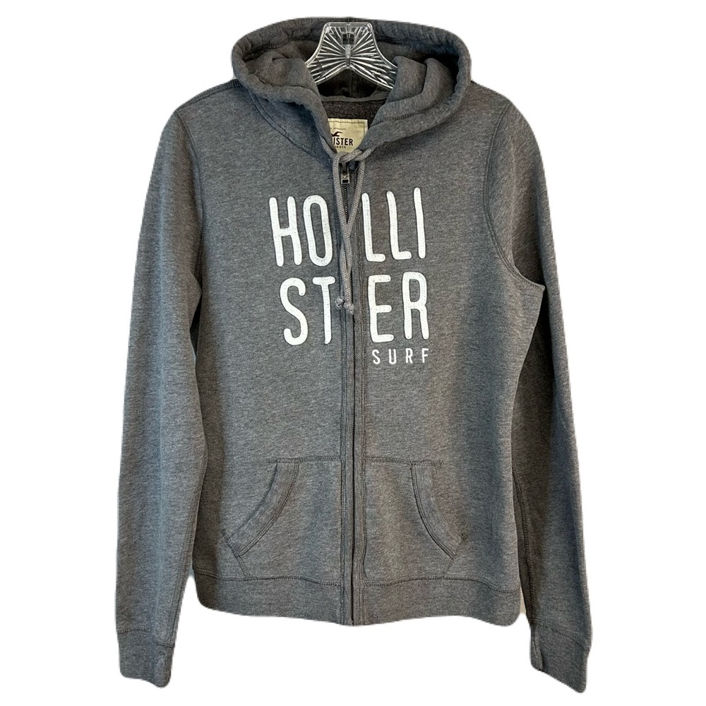 Vintage Hollister Women Y2k  Full Zip Hoodie Sweatshirt Size L Gray Puff Graphic